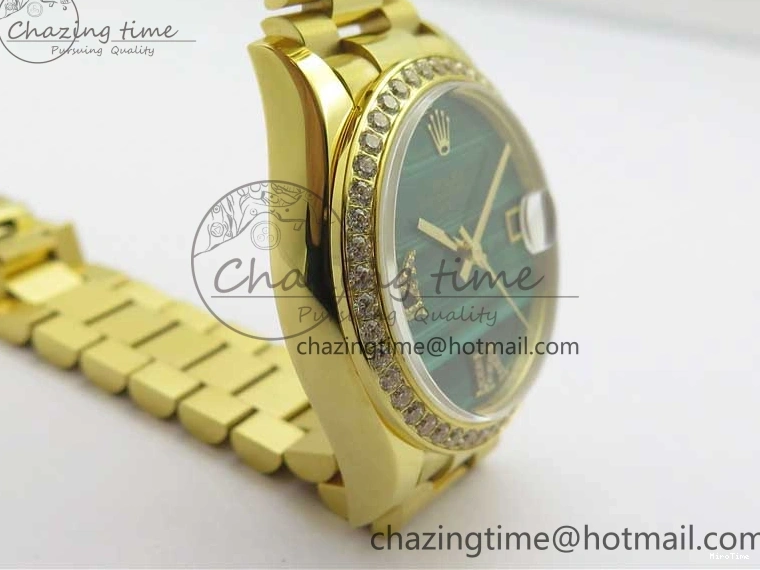 MiroTime 0305 Versatile Daydate 278288 31mm YG EWF Best Edition Green Malachite Dial Crystal Markers on YG President Bracelet ETA 2606